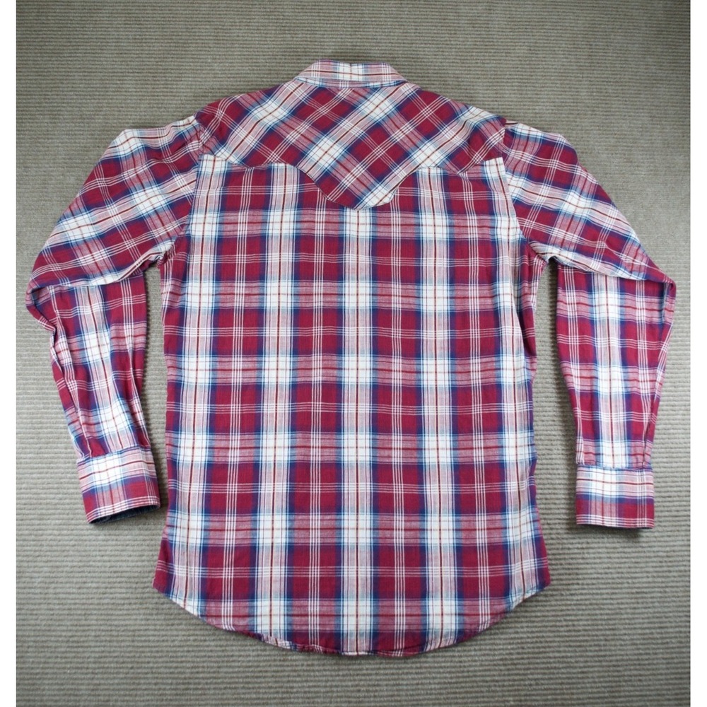 Wrangler Retro Men L Large Tall Pearl Snap Western Plaid Shirt Maroon Blue - Picture 2 of 7